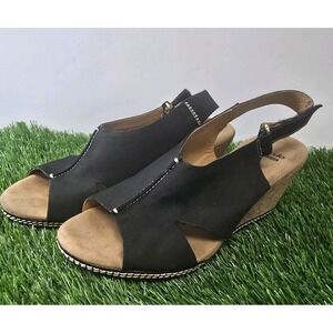 Clarks Collection Women's Size 9 M Cork Wedge Slingback High Heels Sandals Black
